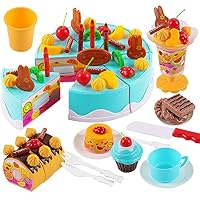 sJIPIIIk552 75Pcs Kids Role Birthday Pretend Play Toy Cake Dessert Icecream Cookie Tea Set Blue
