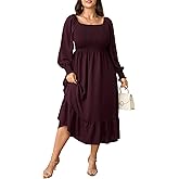SCOMCHIC Women's Plus Size Maxi Dress Long Sleeve Square Neck Dress Casual Smocked Ruffle Swing Flowy Long Fall Dresses