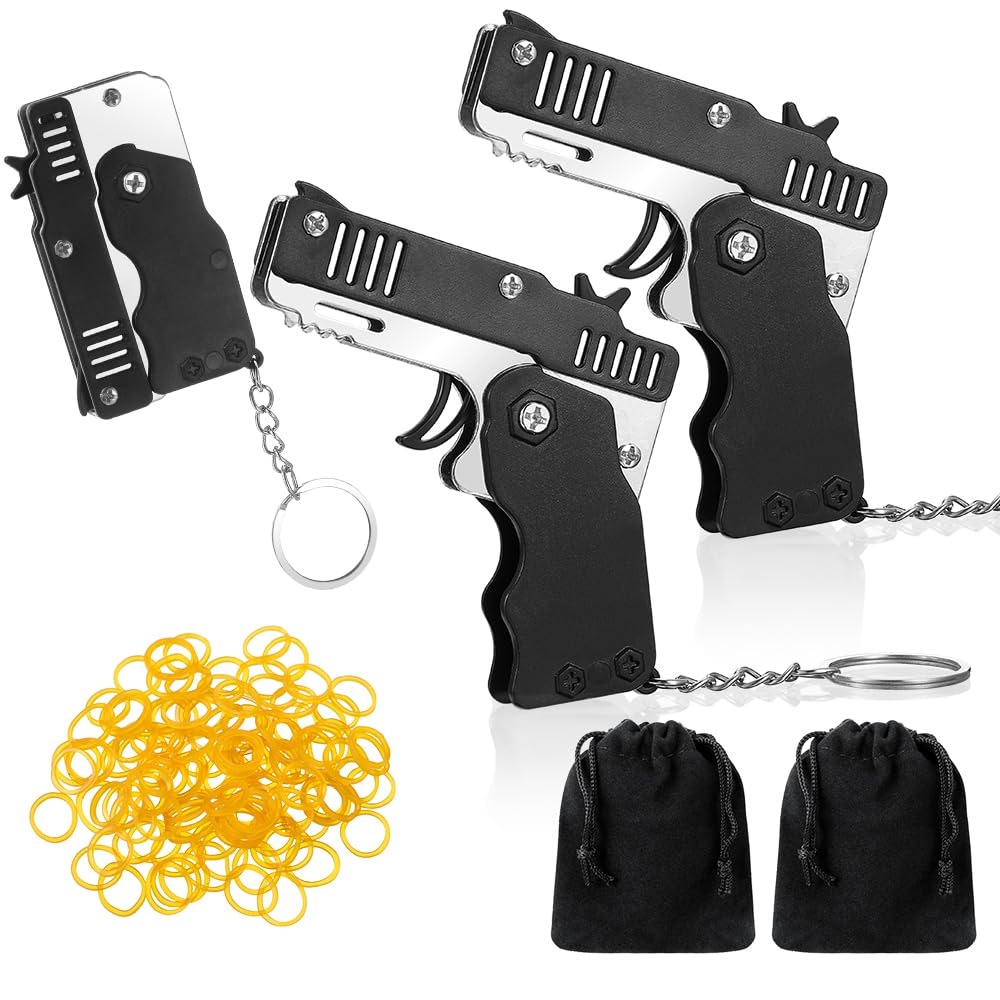 Herdear 2 Pcs Collapsible Rubber Band Gun with 120 Pcs Soft Elastic Rubber Bands Mini Metal Folding Launcher Keychain Toy for Indoor Outdoor Activities Game(Black)