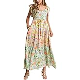 GRMLRPT Women Floral Maxi Dress Boho Tie Shoulder Sleeveless Smocked Patchwork Flowy Summer Casual Sundress with Pockets