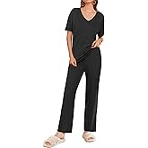 Ekouaer Women's 2 Piece Lounge Set Casual Summer Outfits Ribbed Short Sleeve & Wide Leg Pants Matching Set for Travel Home