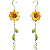 Crochet Sunflower Flower Dangle Earrings for Women Handmade Crochet Flowers Cute Blossom Fairy Dainty Refreshing Floral Long Dangling Earrings for Women Trendy-Summer Boho Beach Jewelry