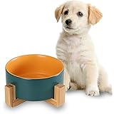 Green Yellow Ceramic Dog Bowl with Wood Stand No Spill Pet Food Water Feeder Cats Small Dogs