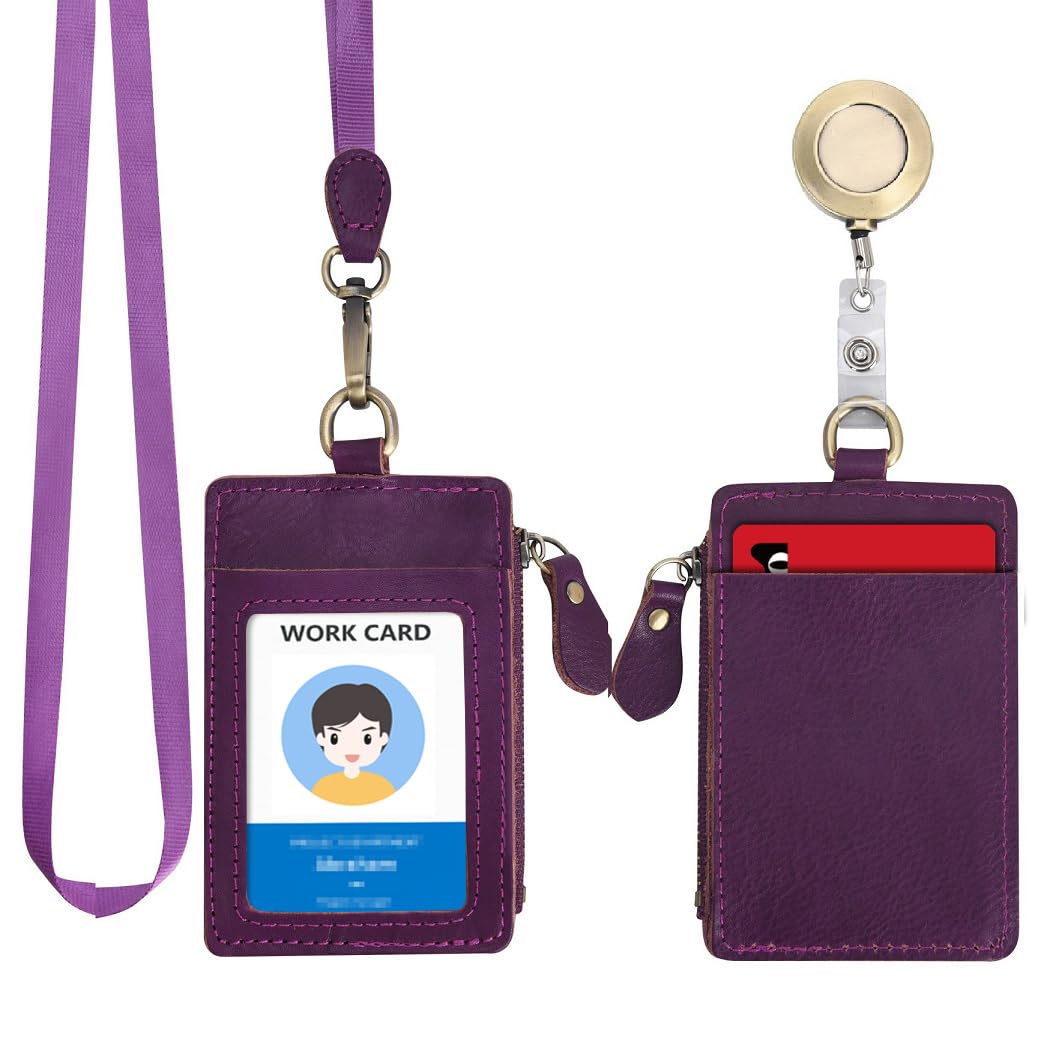 Wonderpool Leather ID Badge Holder with Zipper Wallet Pouch - Card Slots Case Detachable Neck Lanyard and Retractable Badge Reel for Office School Hospital Exhibition ID (Purple)