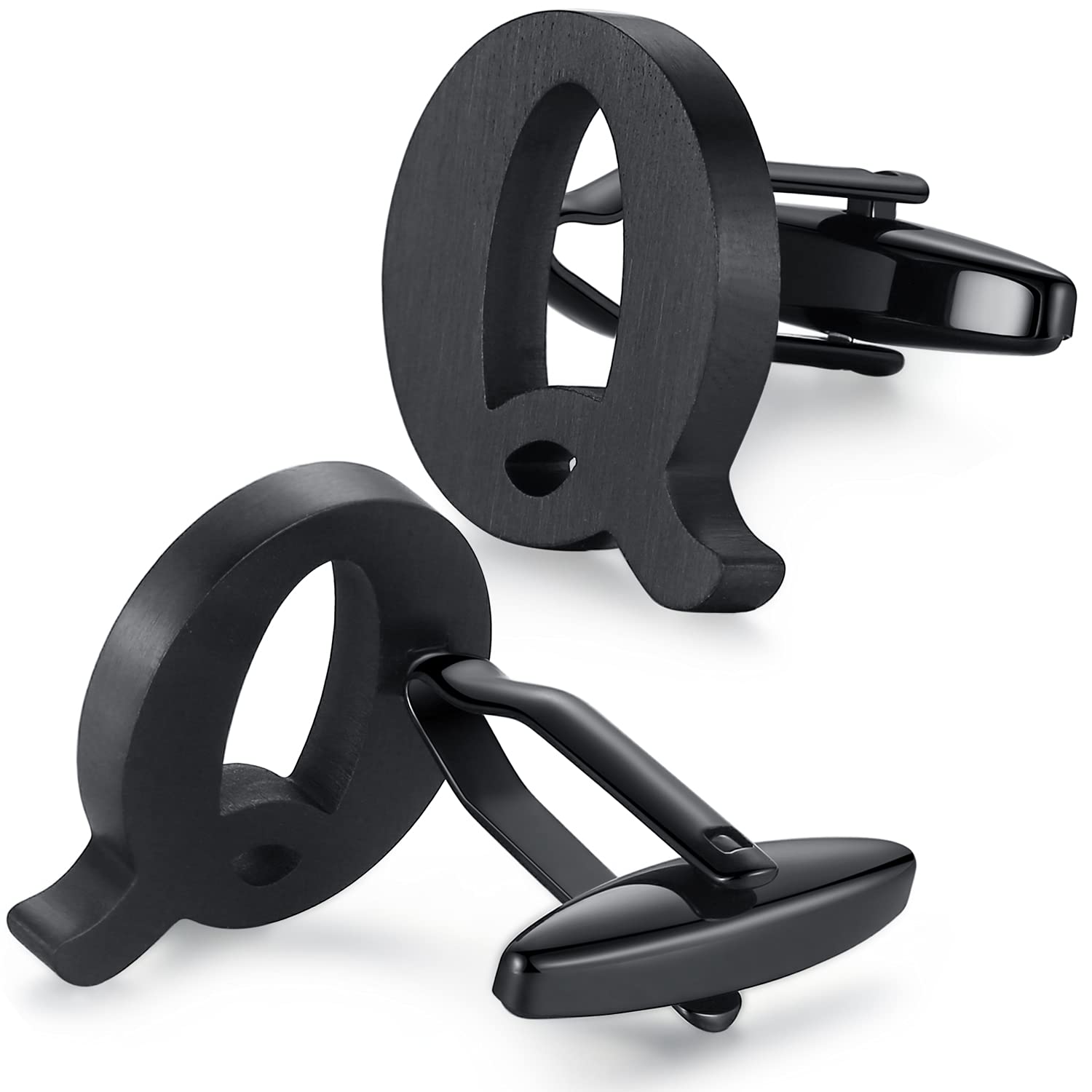 HONEY BEAR Mens Initial Alphabet Letter Cufflinks,Stainless Steel for Wedding Formal Business Gift (Q-Black)