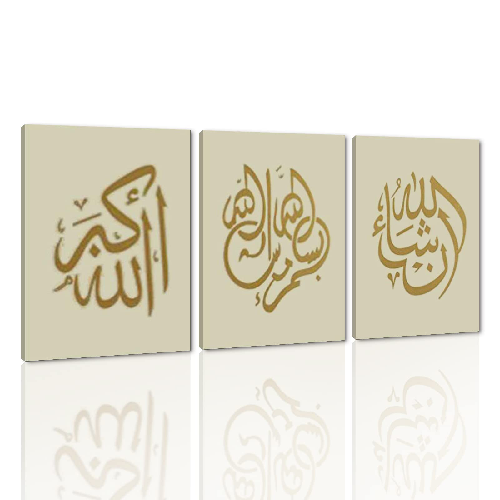 Global Artwork - Handpainted Arabic Calligraphy Islamic Wall Art 3 Piece Oil Paintings on Canvas for Living Room Framed and Stretched (Beige Gold)