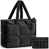 Abbylike Large Puffer Tote Bag for Women Quilted Puffy Handbag with Zipper Lightweight Satchel Purse Bow Gift Winter