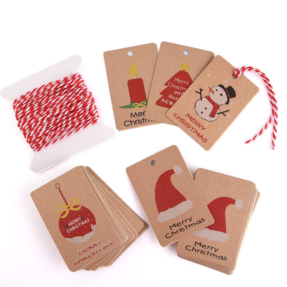 KUUQA 50 Pieces Kraft Paper Christmas Tags for Christmas Wrapping Label with Hanging Rope, 5 Different Design — image 1