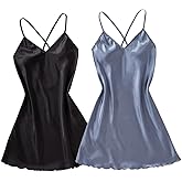 SOLY HUX Women's 2 Piece Silk Nightgown V Neck Slip Cami Dress Satin Nightdress Sleepwear