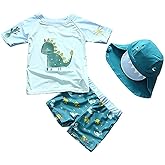 Baby Toddler Boys Two Pieces Swimsuit Set Swimwear Dinosaur Bathing Suit Rash Guards with Hat UPF 50+