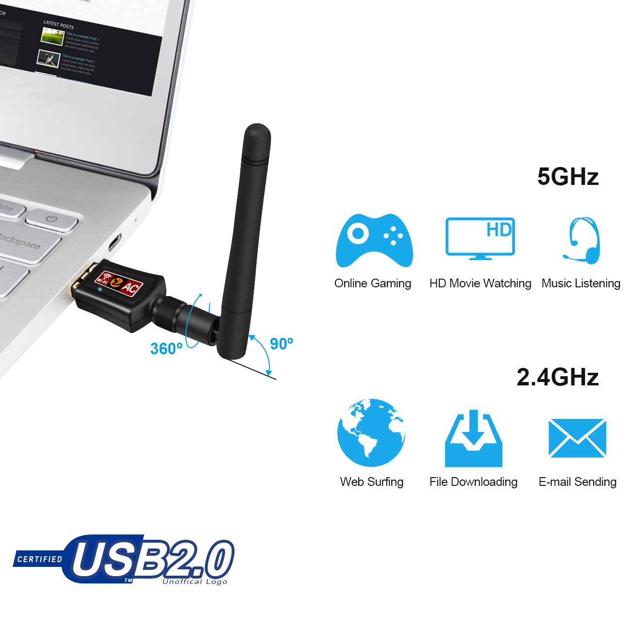 Receptor WIFI，Zoweetek® Adaptador USB inalámbrico Dual Band AC600 Wifi 2.4GHz o 5Ghz /compatible con Windows XP/7/8/8.1/Mac OS X 10.7-10.10