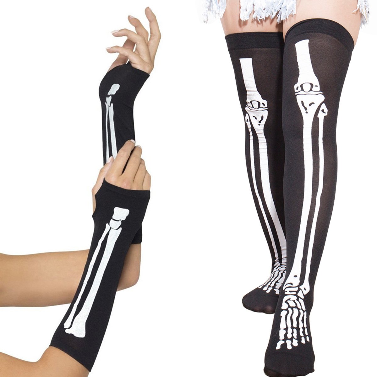 SIBOSUN Halloween Women's Skeleton Fingerless Gloves & Stockings Party Mardi Gras Carnival