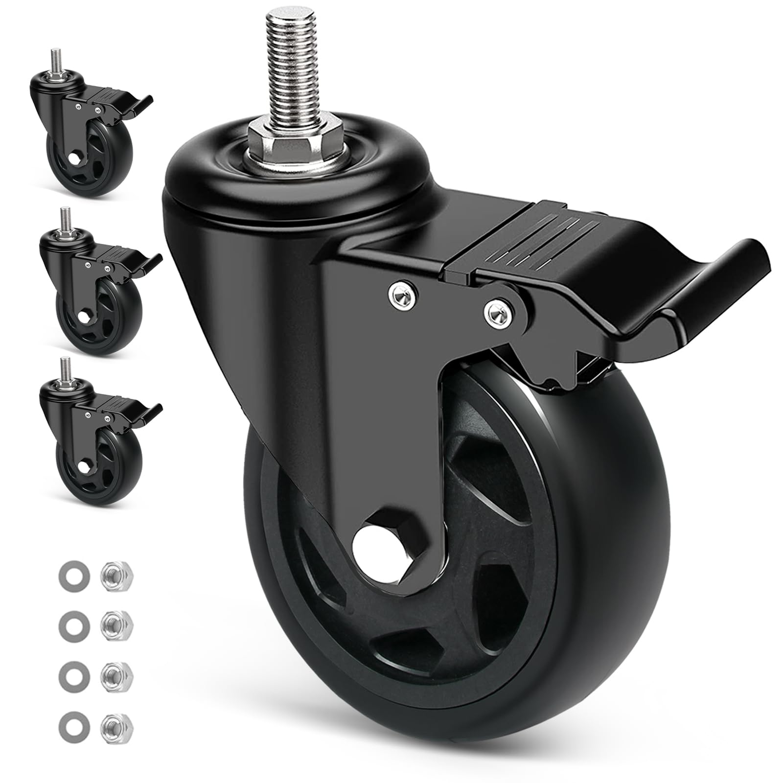 RRIUTO Heavy Duty 125MM Castor Wheels with Brake, Furniture Casters with M12x1.75x30mm Screw Stem, Double Bearing Stem Swivel Wheels for Furniture, Set of 4 PU Trolley Castors up to 650kg