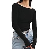 Milumia Women Sexy Open Back Long Sleeve Shirt Boat Neck Fitted Going Out Tee Tops