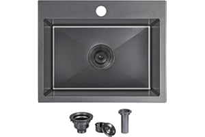 KINGO HOME 22x18 Inch Black Kitchen Sink,Drop In 16 Gauge RV Small Kitchen Bar Sinks,Stainless Steel Topmount Outdoor Prep Single Bowl Workstation Wet Bar Sink with Stainless Steel Strainer