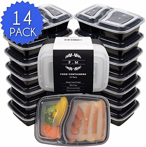 Meal Prep Containers 2 Compartment, 14pcs 35oz Lunch Containers Leak Proof Bento Box with Lid, Reusable Snack Boxes, Microwave &amp; Dishwasher &amp; Freezer Safe &amp; Portion Control 21 Day Fix