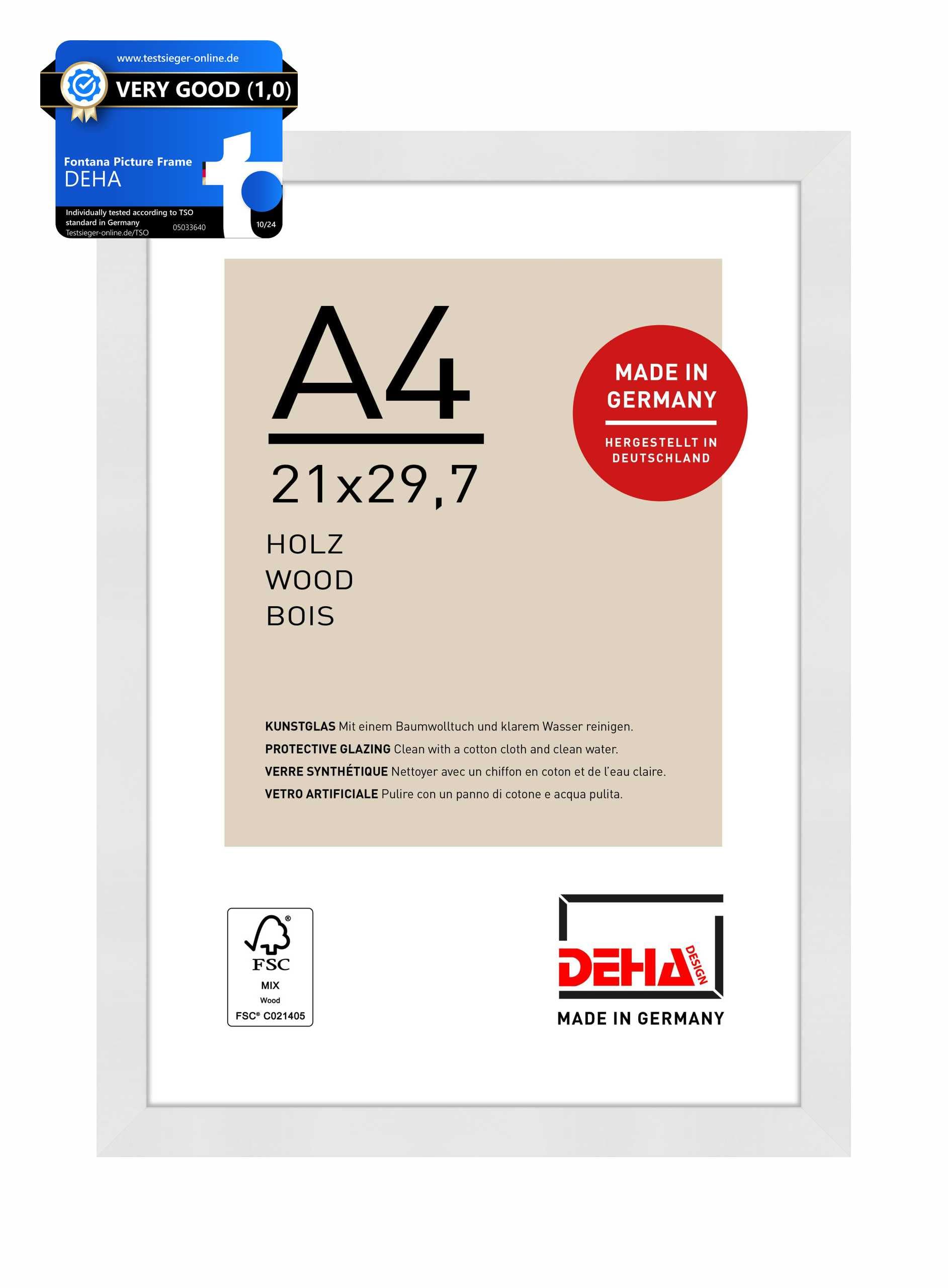 DEHA Design Fontana Wooden Picture Frame - A4 (21x29.7 cm) – White - with Synthetic Glass and Push/Turn Clips