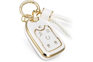 CTRINEWS for GMC Key Fob Cover with Metal Braided Keychain, Upgraded Soft Key Case for Terrain Yukon XL Chevy Suburban Tahoe (6 buttons) Key Fob Shell (Gold Edge, A1)