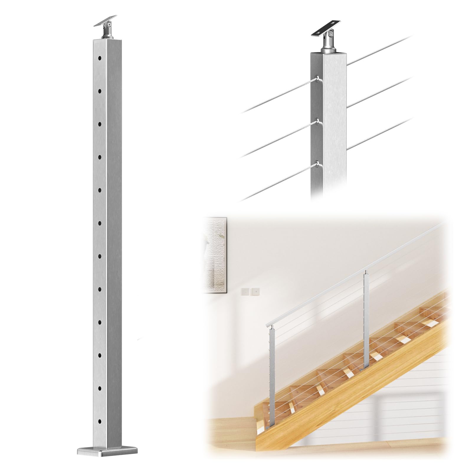 Photo 1 of Muzata Stair Cable Railing Post 42 Inch for 25-35 Degrees Stair 42"x2"x2" Surface Mount Brushed T304 Stainless Steel Cable Railing System Kit Indoor Outdoor with Paper User Guide PS01 LA4L