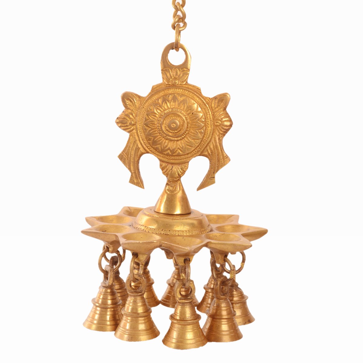 Purpledip Brass Hanging Diya Deepak Oil Lamp with Bells: Gada Padma Padmanabha Swami Vishnu Symbol Chakra (10983)