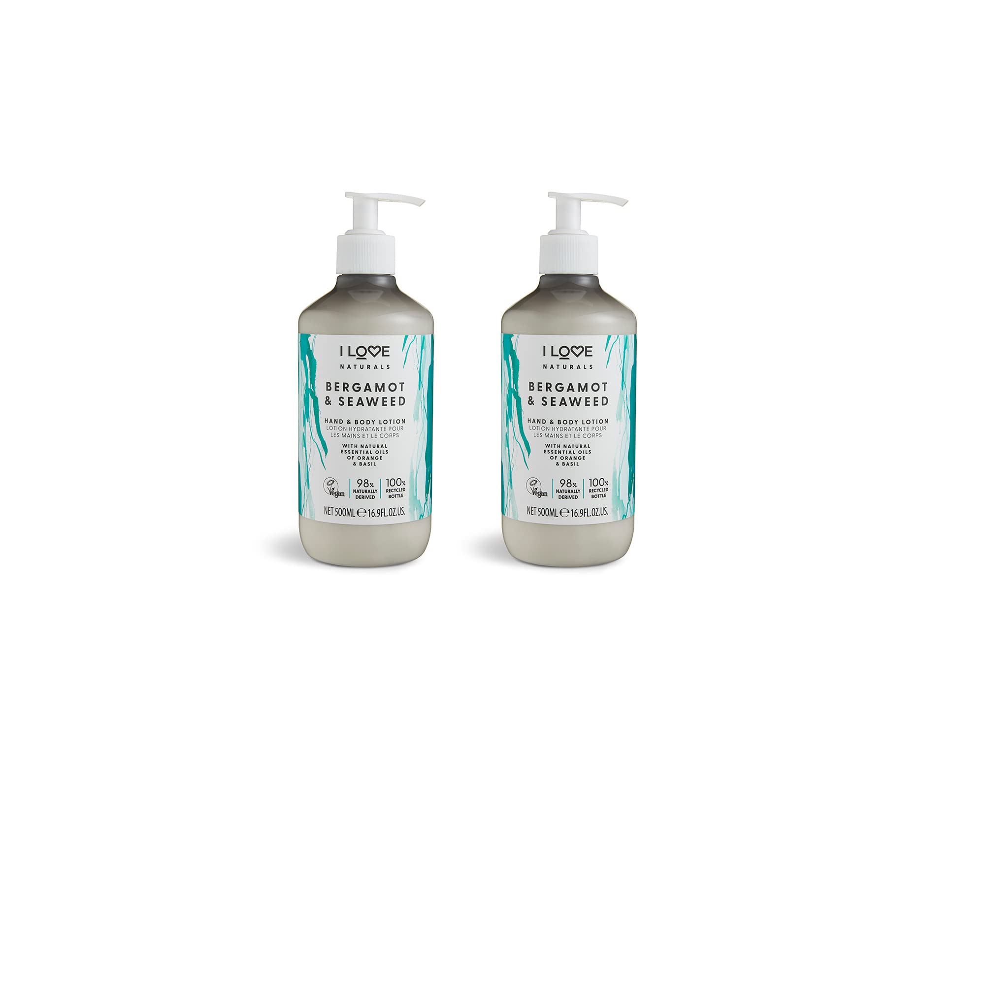I Love Naturals Bergamot & Seaweed Hand & Body Lotion – With Shea Butter, Orange & Basil Essential Oils – Nourishing Vegan Moisturiser for Soft, Smooth & Hydrated Skin 2 x 500ml