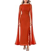 MAYFASEY Women's Sexy Elegant Long Sleeve High Split Mesh Ruched Formal Long Evening Party Maxi Dress with Cape