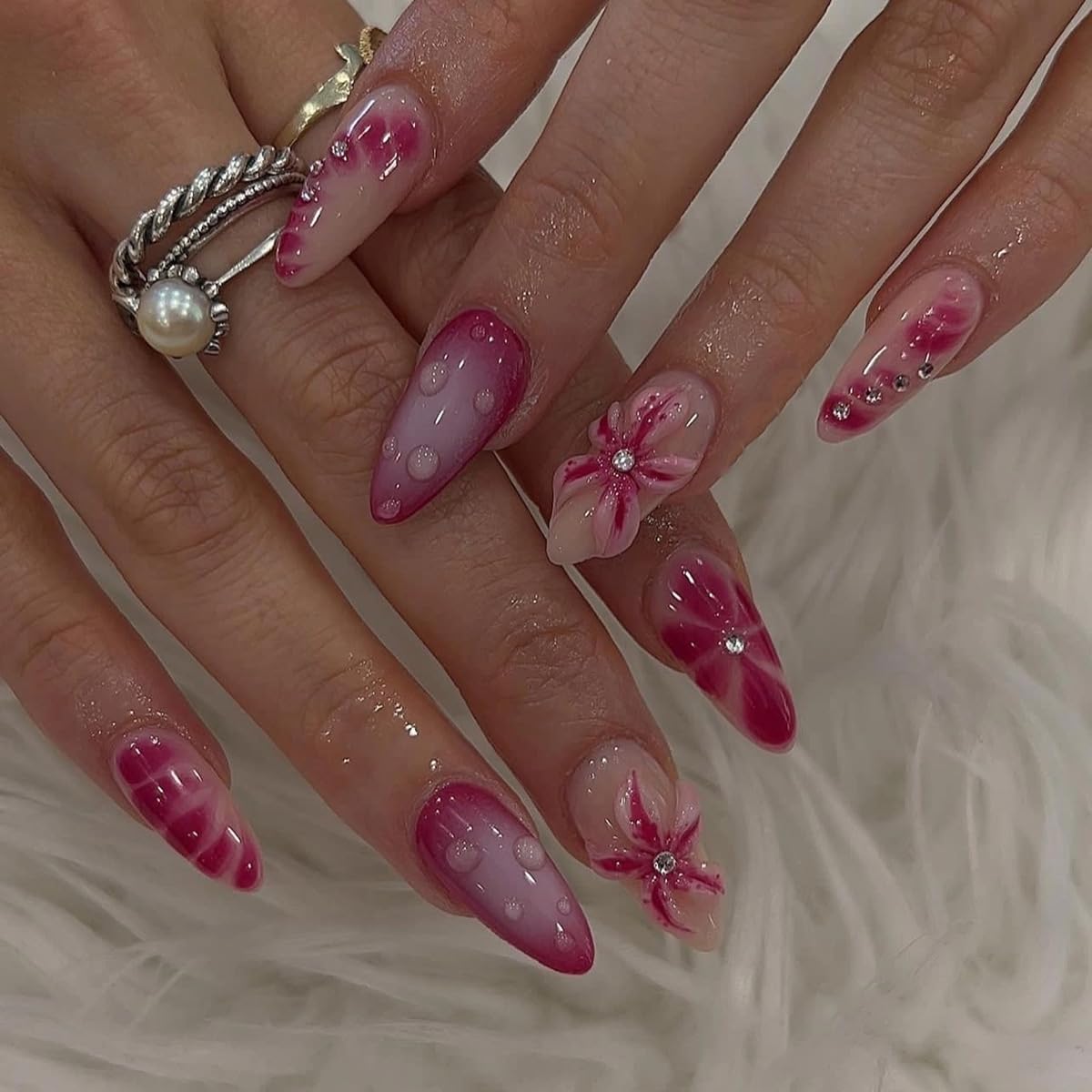 24 Pcs Fall Winter Press on Nails Short Almond - YEFIUO Pink Red Fake Nails Press ons French Nail Art Tip Full Cover Acrylic False Nails Glue on Nails Kit with 3D Red Flowers Floral Design for Women