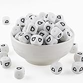 HHCFAST 12mm White Square Letter D Alphabet Silicone Beads, 20Pcs Cube Heart Number Letter Silicone Beads for Keychain Making, Ideal for Necklace Bracelet Pens and DIY Crafts