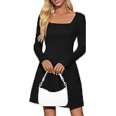 Wenrine Womens Long Sleeve Mini Dress 2025 Fall Square Neck A Line Casual Club Party Short Dresses