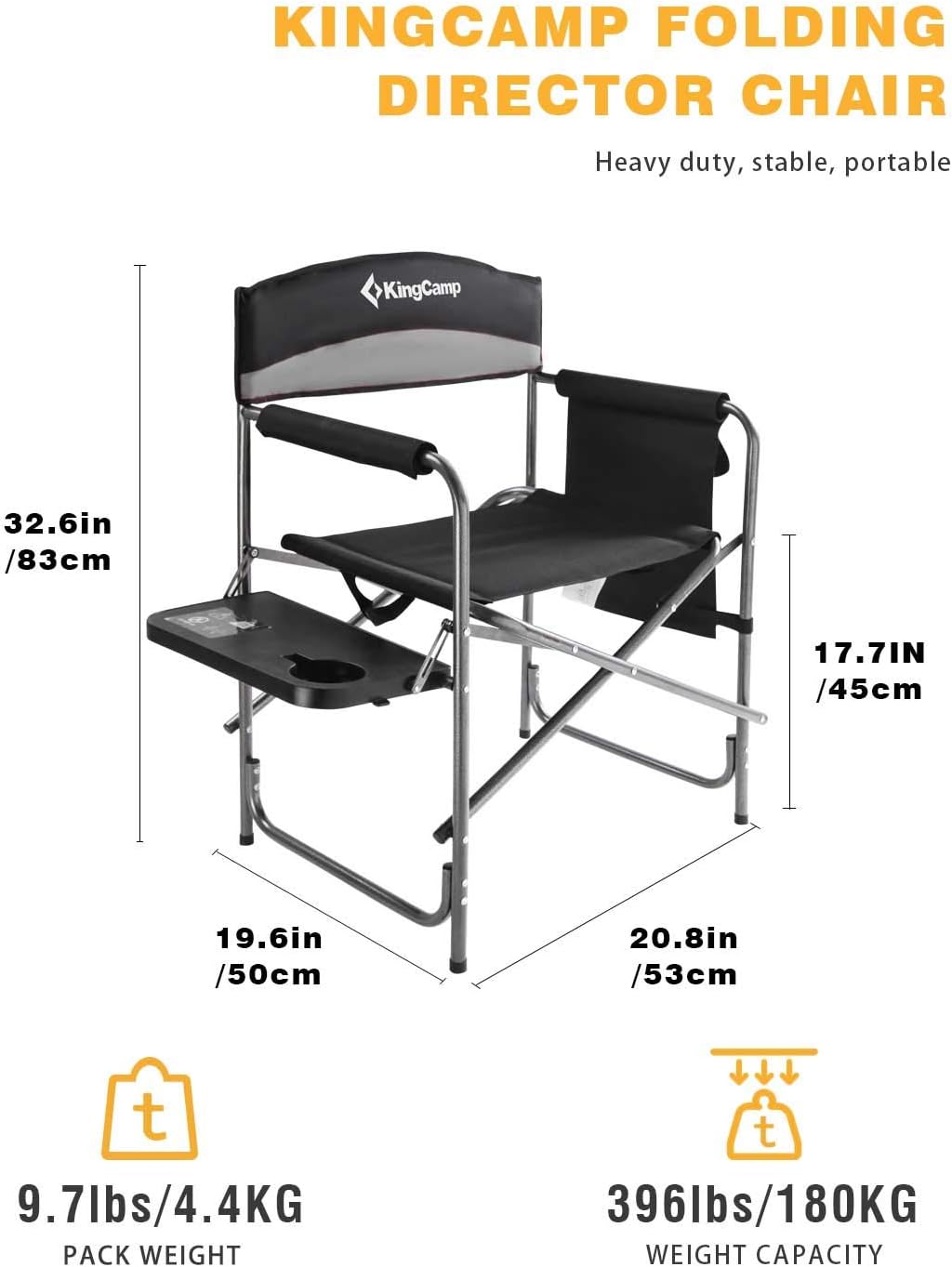 KingCamp Heavy Duty Camping Folding Director Chair Oversize Padded Seat with Side Table and Side Pockets, Supports to 396 lbs (Black/Medium Grey-2 Pack) : Sports & Outdoors