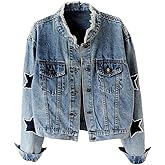 Kedera Women Pearls Beading Denim Jacket Long Sleeve Button Down Distressed Ripped Jean Coat