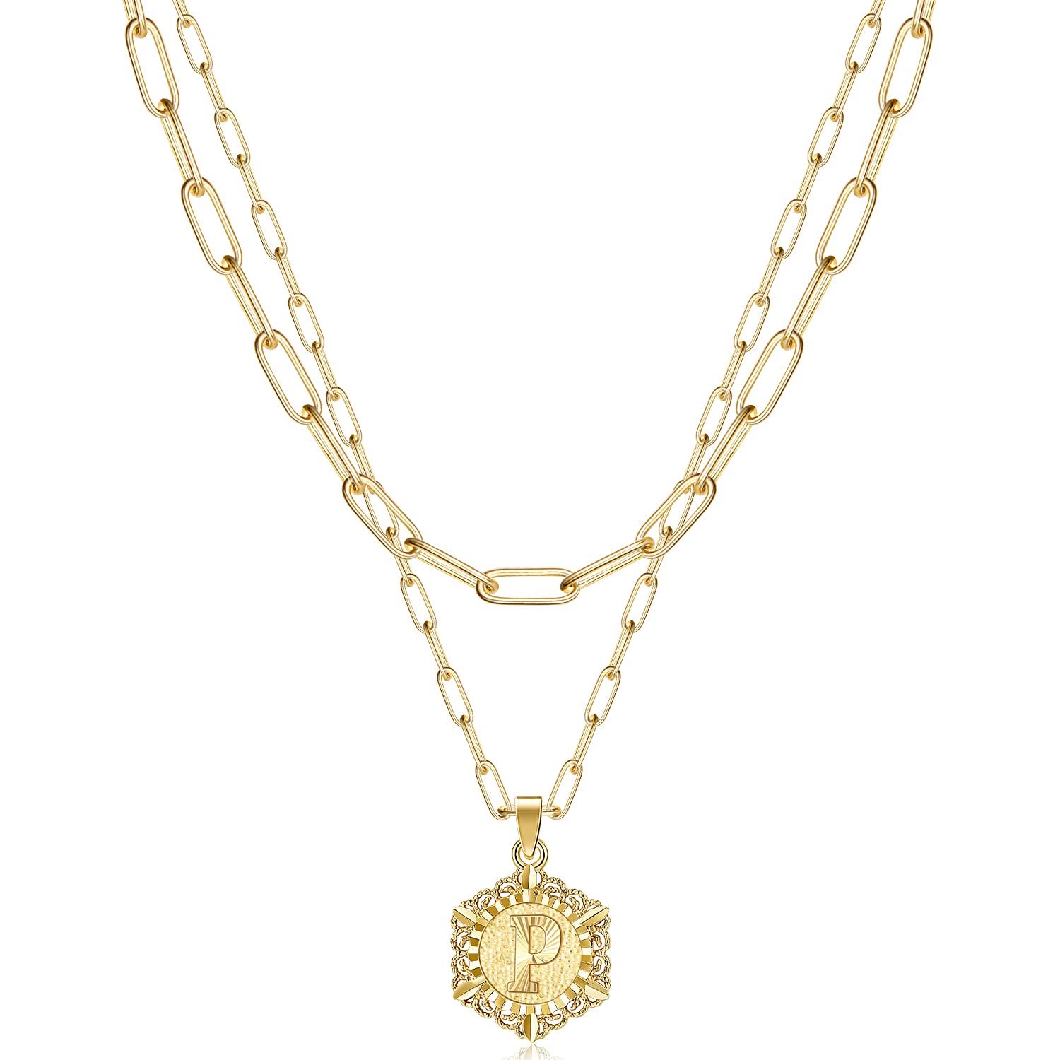 KissYan Initial Necklaces for Women, 14K Gold Plated Hexagon Letter Pendant Silver Chain Dainty Layered White Gold Paperclip Link Adjustable Capital A-Z Choker Necklace Trendy Jewelry Gifts