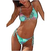 QJQ Women's 2 Piece Bikini Sets Floral Leopard Starfish Metal Triangle Bathing Suit Cheeky String Swimsuit