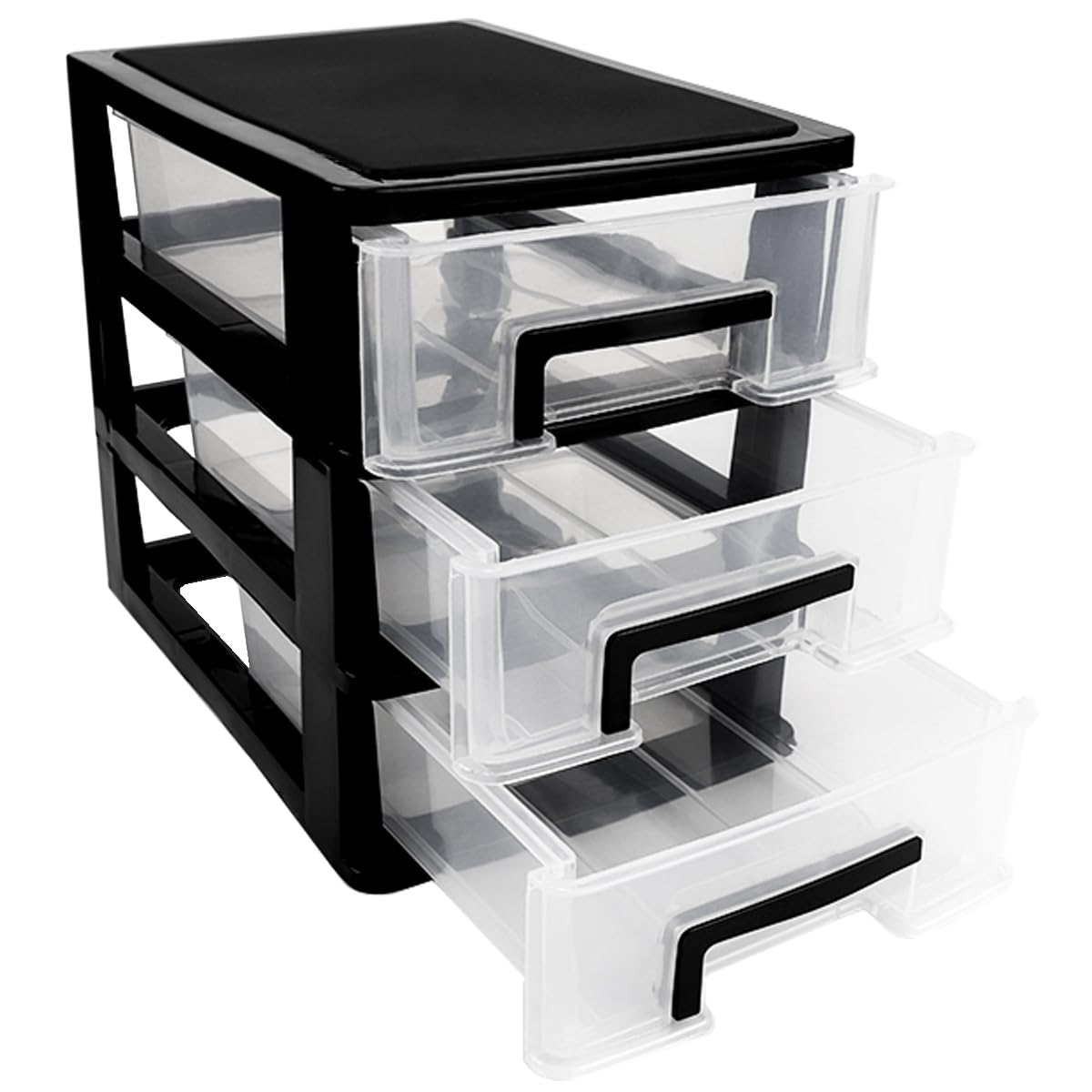 LNQ LUNIQI 3-Tier Plastic Drawer Organizer, Portable Storage Cabinet, Transparent, Black, Size 21x15x19cm/8.27x5.91x7.48inches