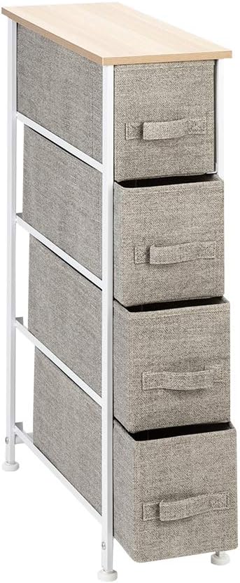 Amazon Com Simply Me Nightstand Vertical Narrow Dresser Storage Tower With 4 Drawers Steel Frame Wood Top Bedside Furniture Bedroom End Table Storage Tower Easy Pull Fabric Bins Linen Natural Kitchen Dining