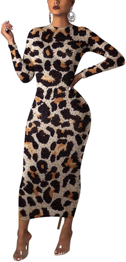 long sleeve maxi leopard dress