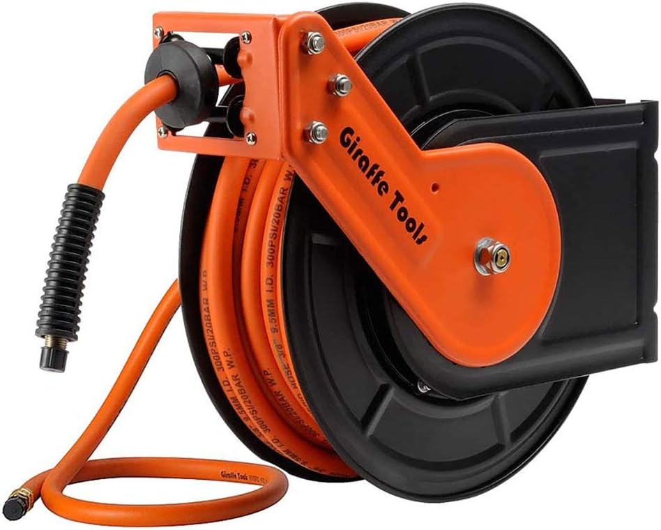Giraffe Air-Hose-Reel with 3/8 In. x 25 Ft Hybrid Air Hose, Auto Retracble, 300PSI Heavy Duty-Reel - - 