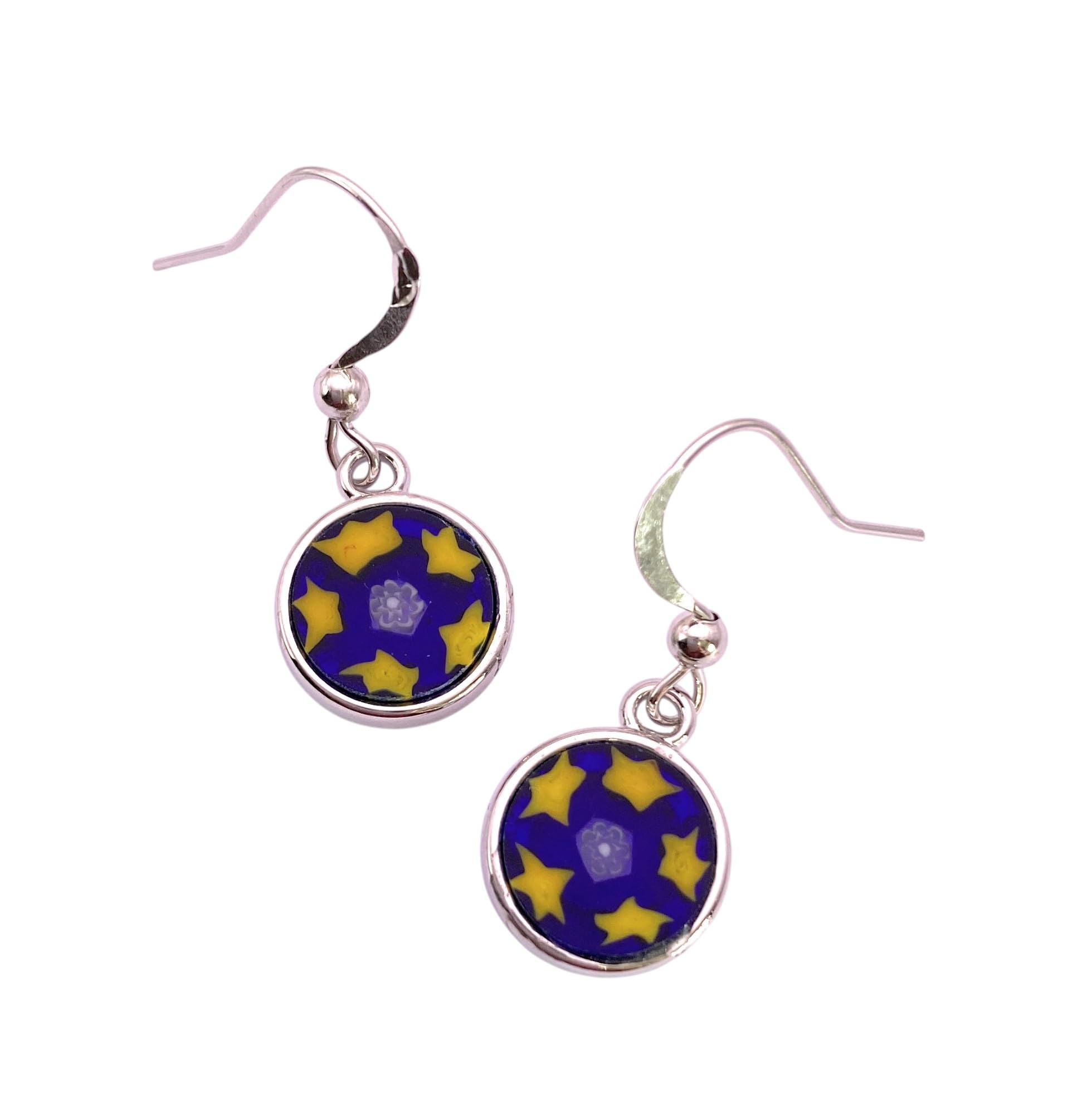 Handmade Murano Glass Earrings, Millefiori Glass Dropper Earrings, Murano Glass Jewellery from Venice Italy, 1cm Diameter