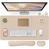 Bloss Leather Desk Pad and Keyboard Wrist Rest, Large Mouse Pad + Keyboard Pad+Mouse Wrist Support, Non-Slip Desk Mat Protector for Office, Home(31.5×15.7 Inches,Beige)