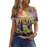 VKEGNIO Criss-Cross One Shoulder Tops Sexy Cold Shoulder Shirts Summer Short Sleeve T-Shirts Vacation Loose Casual Tees