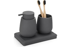 DAHACIS Gray Bathroom Accessories Set, Modern 3 Pcs Bathroom Essentials - Soap Dispenser, Toothbrush Holder & Tray, Counterto