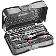FACOM - 1/4-inch Socket Set with 6 Metric Sides – R.161-3P6 – 19 Pieces with 1 Ratchet, 13 sockets, 2 Extensions, 1 Gimbal, 1 Sliding Handle, 1 Screwdriver Handle – Box and Tray Included