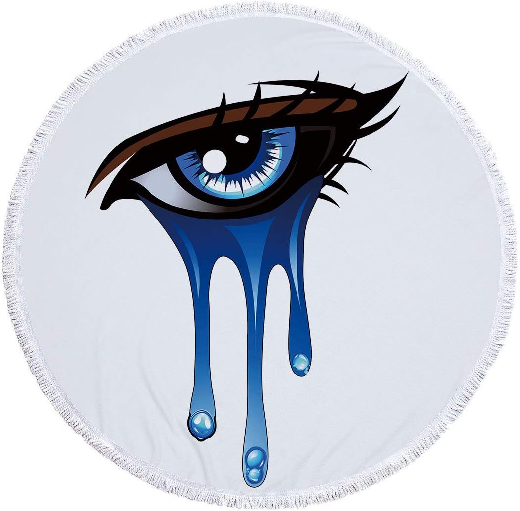 Round Beach Towel Oversized Thick Blanket,Microfiber Fabric With Cotton Tassels Fringe, Novelty Blue Tearing Eye Print Tapestry, Quick Dry Sand Proof Area Rug Carpet For Yoga Camp Picnic