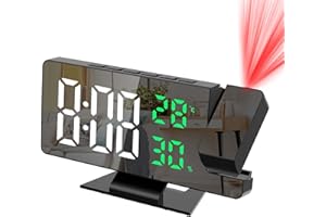 JXTZ Projection Alarm Clock, Alarm Clock Projection on Ceiling Wall, 7.8" LED Mirror Digital Clock with 4 Adjustable Brightness, Temperature & Humidity, Snooze, Clocks for Bedrooms, Home, Office