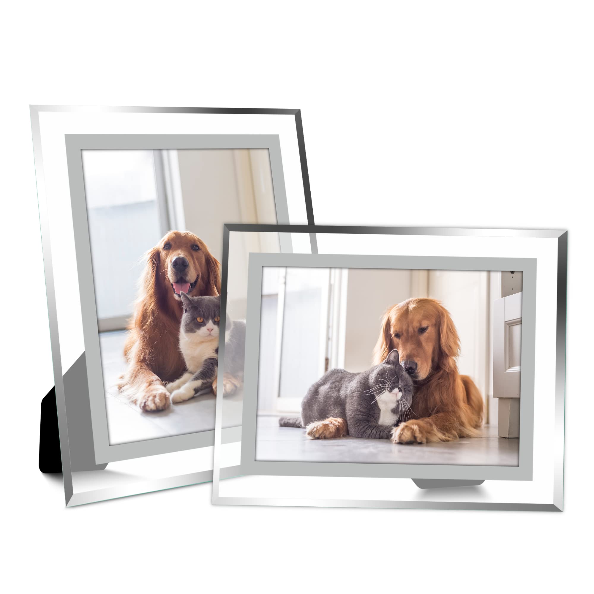 Photo 1 of Vienrose 5x7 Picture Frame Set of 2, Clear Glass Photo Frames with Silver Edge, Horizontal or Vertical Display for Tabletop, Desk, Home, Office Decoration