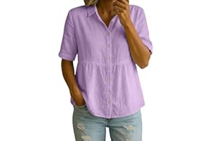 Women's Cotton-Linen Blend Blouse Short-Sleeved Collared Button-Down Shirt Solid Color Comfy Daily Tops 2026
