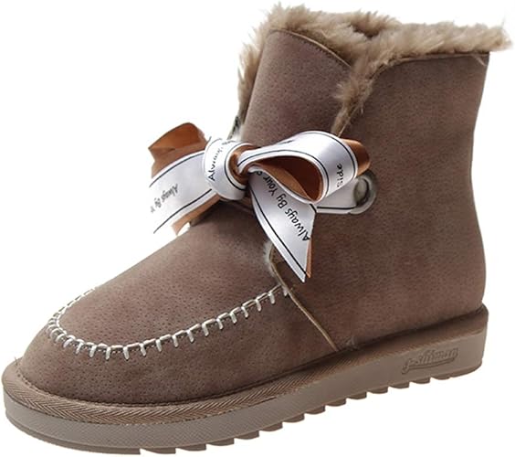 Amazon Dazzling S リボン付きムートンブーツ スノーブーツ ハイカット レディース スエード 冬用ブーツ 雪靴 ベージュ ブラック サテンリボン 可愛い 裏ボア ふわふわ 雪対応 保温性 寒くない 防水 防滑 軽量 快適 歩きやすい ブーツ ブーティ