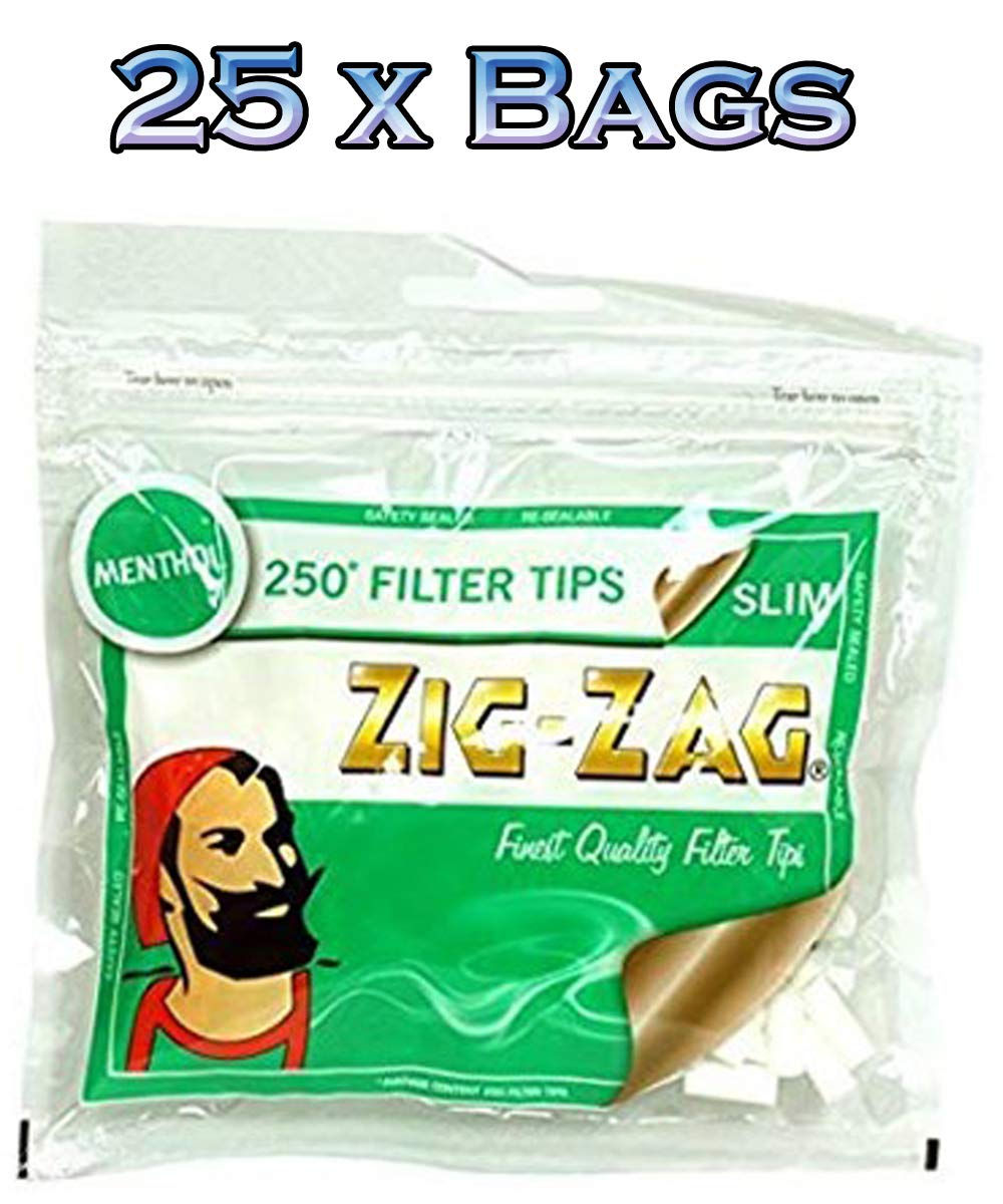 25 Bags of ZIG ZAG Menthol Slim Filters Tips Packs - 250 Tips Pack