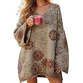 TIAFORD Boho V Neck Oversized Dress for Women 2026 Spring Multicolor Abstract Floral Printed Loose Long Sleeve Tunic Tops