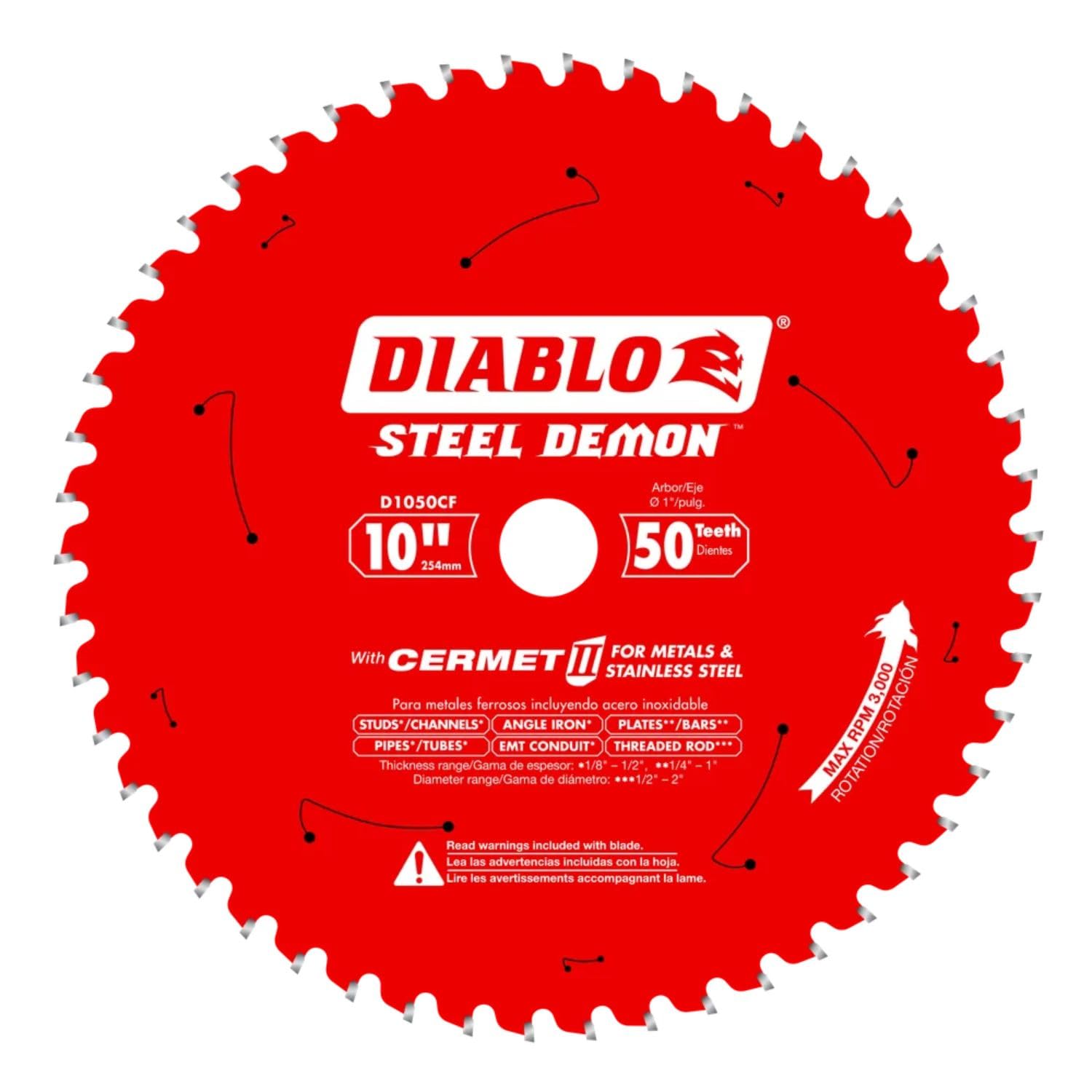 Hoja de sierra Diablo Steel Demon Cermet II para metal mediano - 10 de diámetro, 50 dientes TCG, eje de 1, corte de 0,083, ángulo de gancho de 0°, placa de 0,071, 3000 RPM máx. - D1050CF